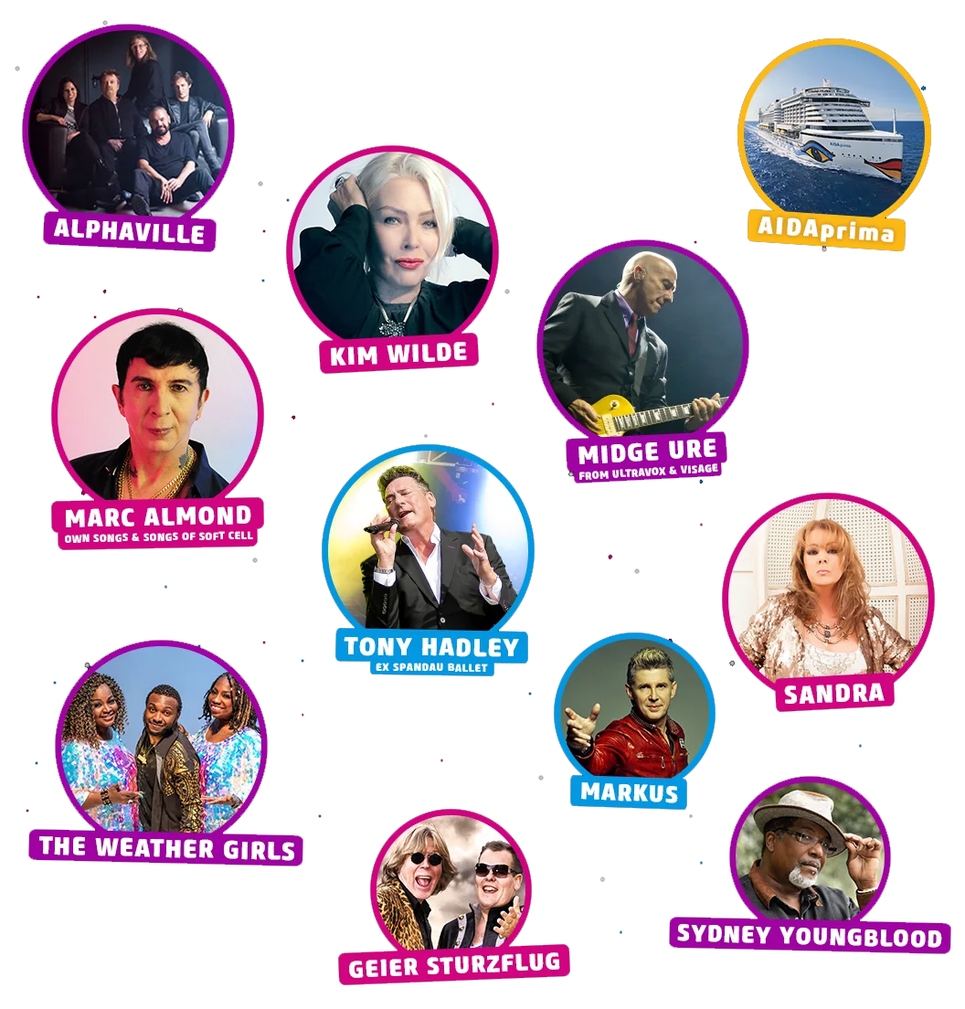 Das Line-up der 80er live Cruise: Alphaville, Kim Wilde, Marc Almond, Midge Ure, Tony Hadley, Sandra, The Weather Girls, Markus, Geier Sturzflug, Sydney Youngblood