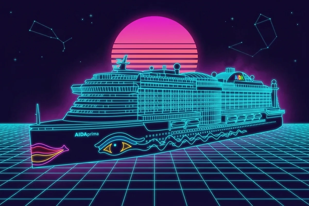 Neon-Illustration von AIDAprima für die 80er live Cruise